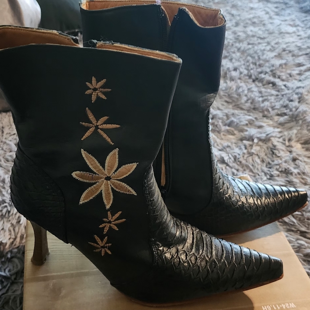 Black Embroidered Leather Ankle Boots